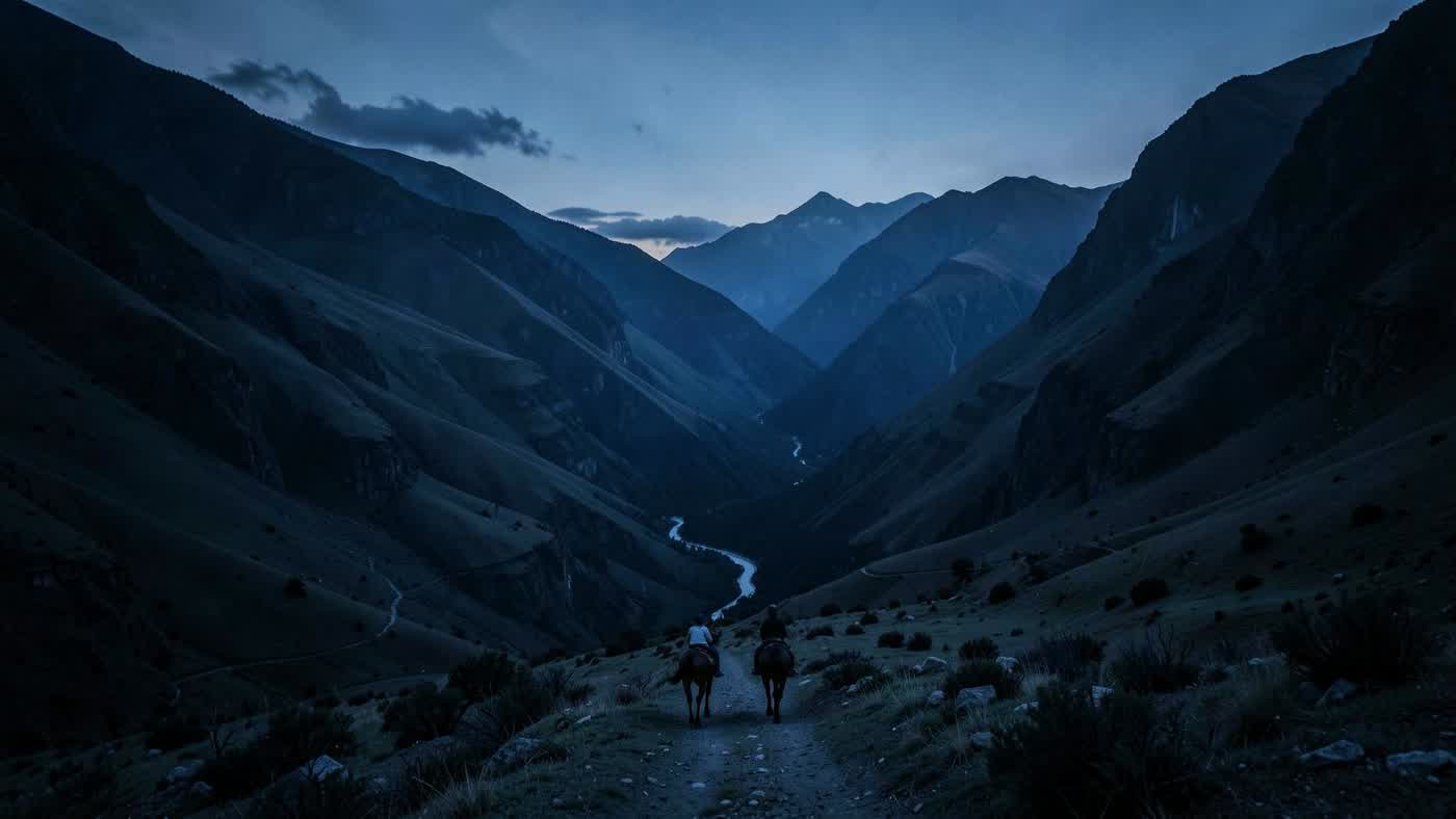 Dos jinetes entrando en un valle inmenso de los Andes
